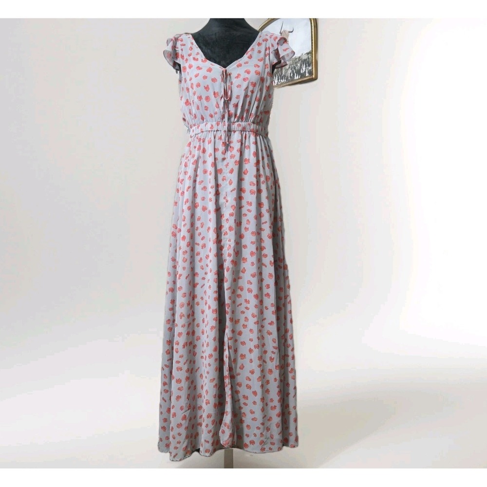 Aggie‎ Floral Flowy Maxi Dress Sz M Gray Red Ruffle Cap Sleeve Peasant V-Neck